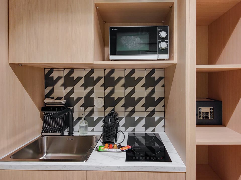 Fridge, microwave, stovetop, espresso maker