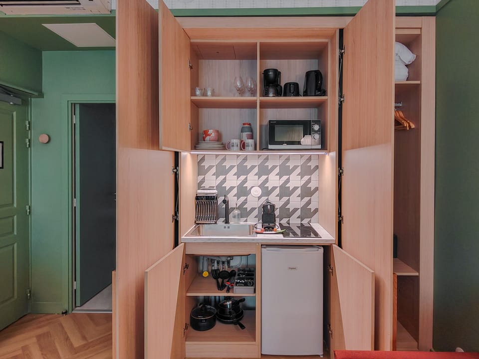 Fridge, microwave, stovetop, espresso maker