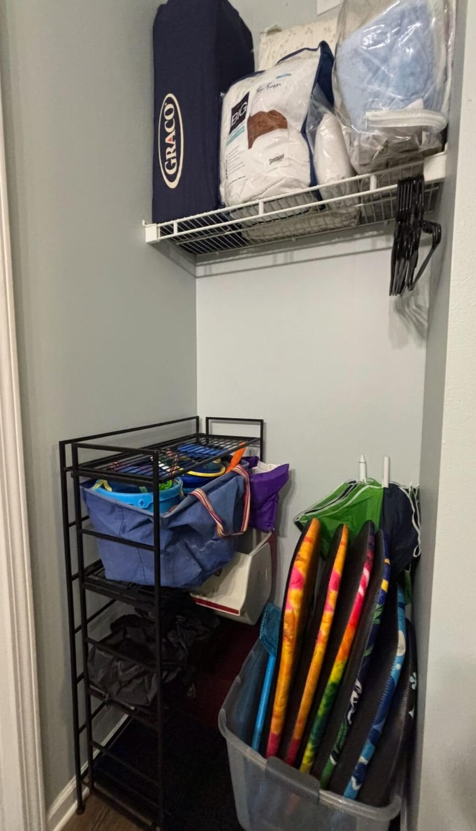Beach toys and games. Pack and Play with bedding. Futon bedding.