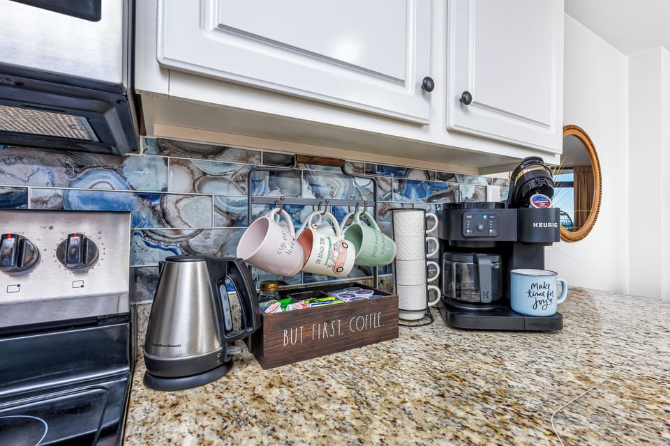 Starter amenities such as coffee, creamer, sugar & tea provided. 