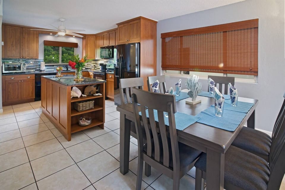 Large kitchen is open to the dining area