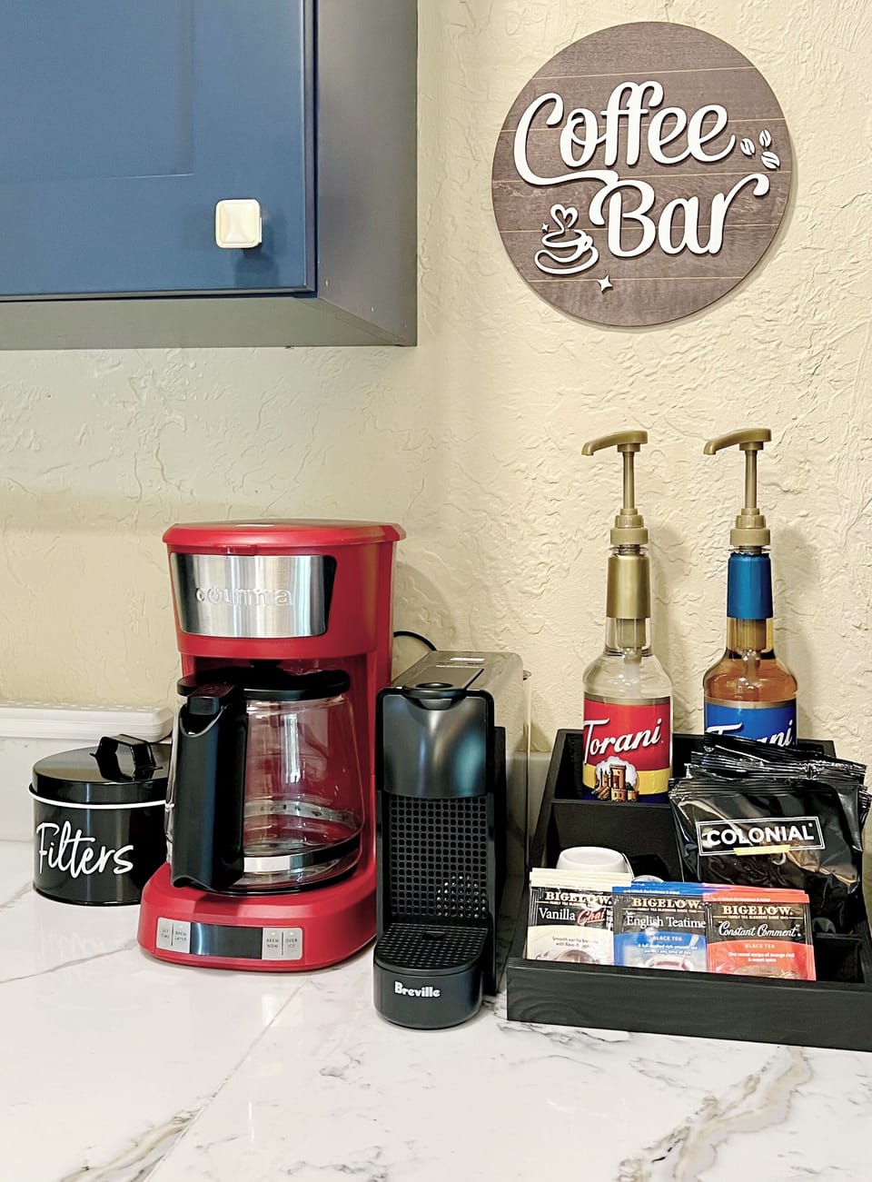 Fully equipped coffee bar with Breville Nespresso machine and drip coffee maker 
