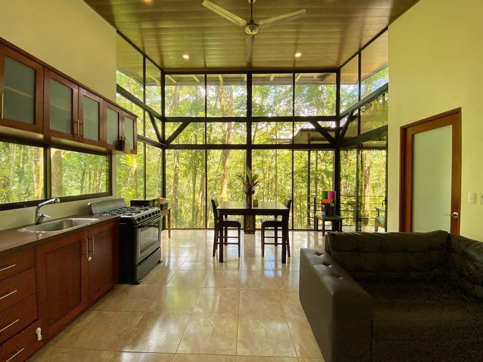 Floor to ceiling windows illuminates the open floor plan of the dining, living room and kitchen area. 