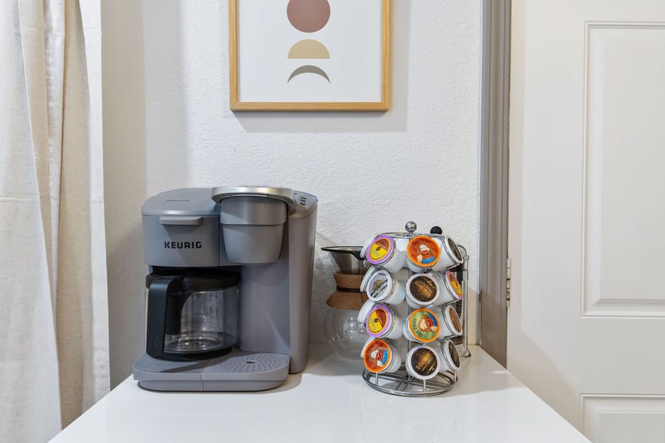 Fully stocked coffee station with Keurig, drip option, and a variety of pods—start your day right before heading to the Plaza, Westport, or Downtown.