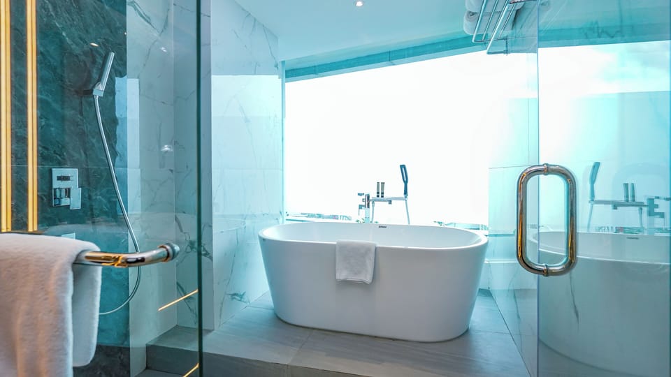 Shower, rainfall showerhead, hair dryer, slippers
