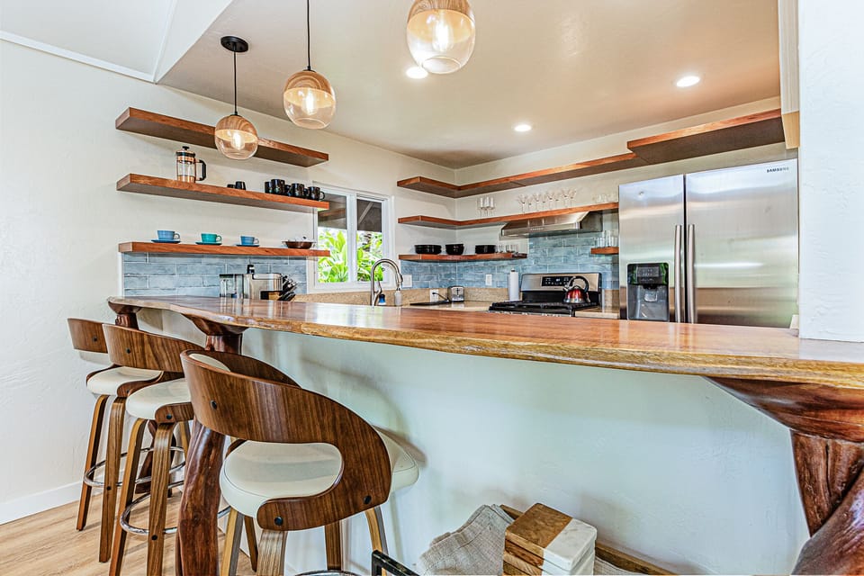 Custom wood furniture and features at Zuki House