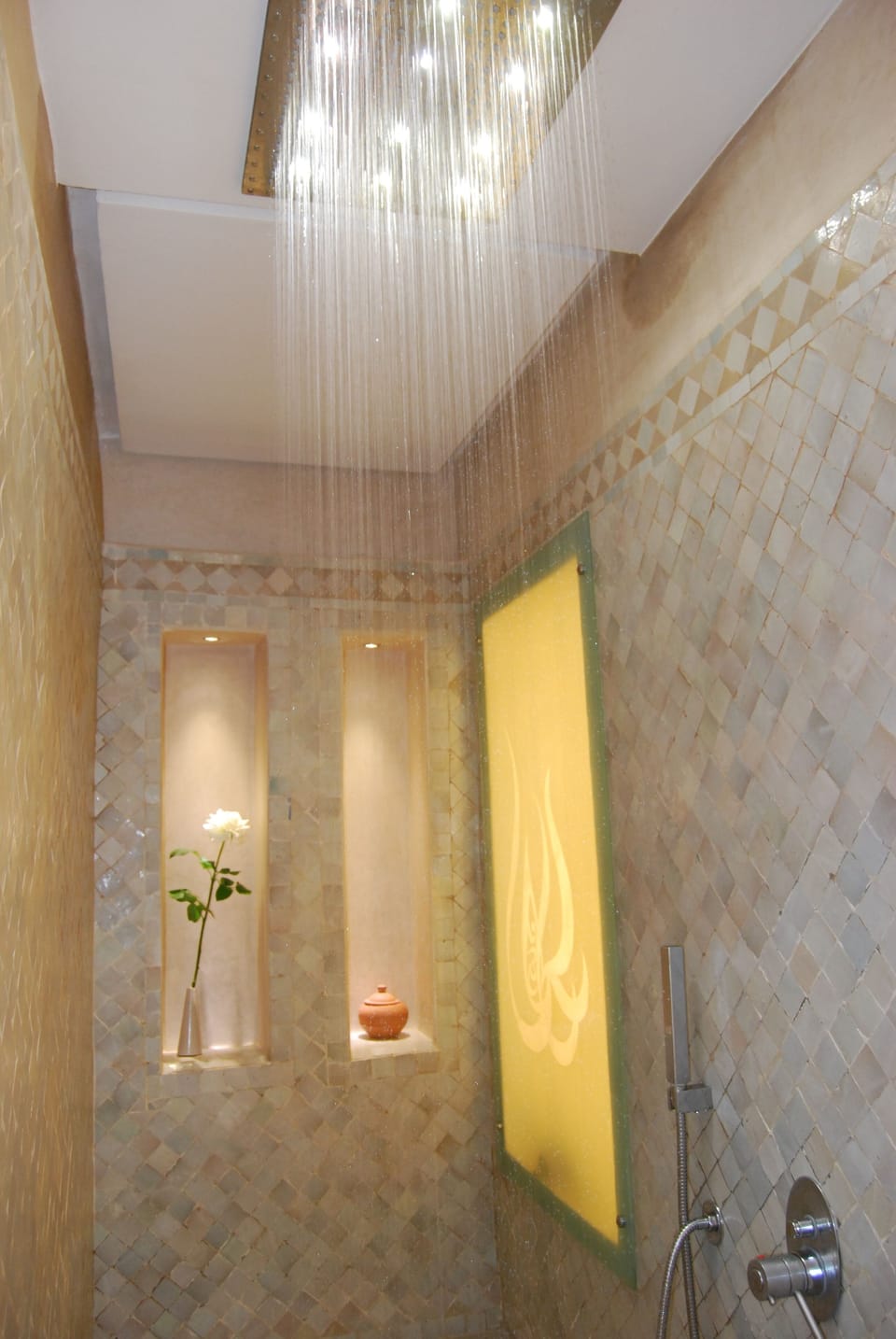 Shower, rainfall showerhead, hair dryer, bathrobes