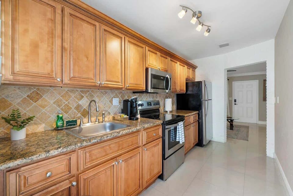 The kitchen in unit 2 (2 bedroom unit) is fully stocked with everything you need to make and enjoy a gourmet meal. We provide coffee, tea, sweeteners and creamers so you can start your morning right!