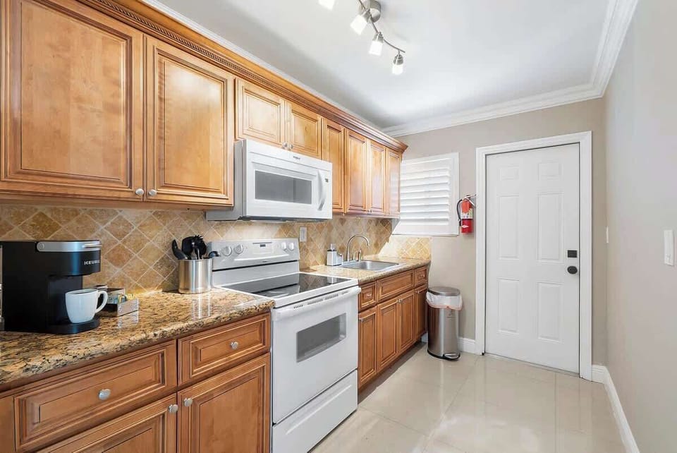 Unit 1 kitchen is fully stocked with everything you need to cook a full gourmet meal, and we offer coffee, tea, cream and sweetener so you can start your day right!