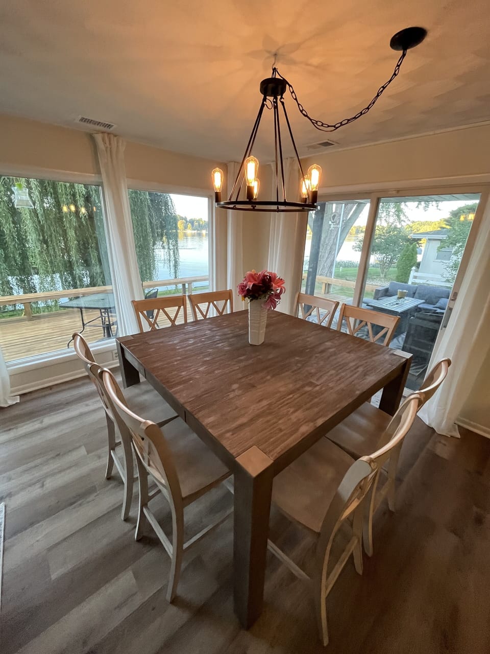 Dining table pictured seats eight.