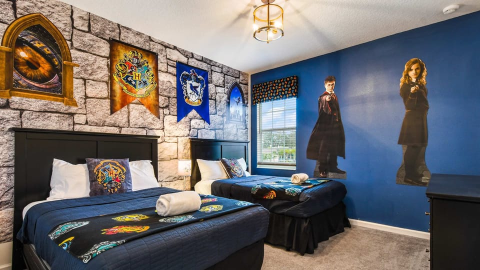 Kids will love the upstairs bedroom with a cool Harry Potter theme