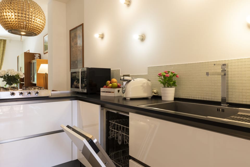 City Apartment | Private kitchen | Full-size fridge, microwave, oven, stovetop