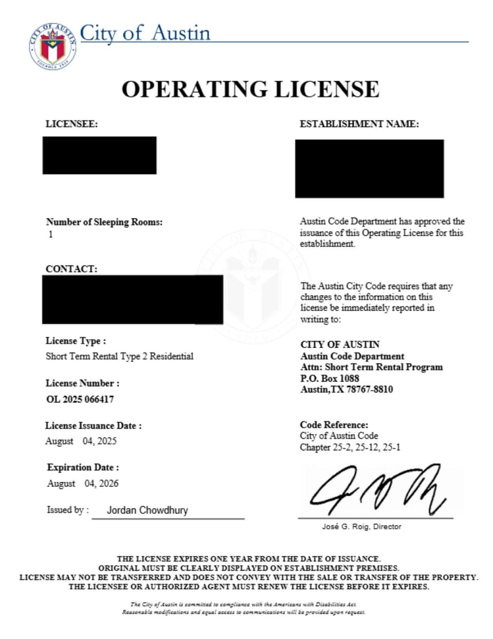 STR license for the City of Austin