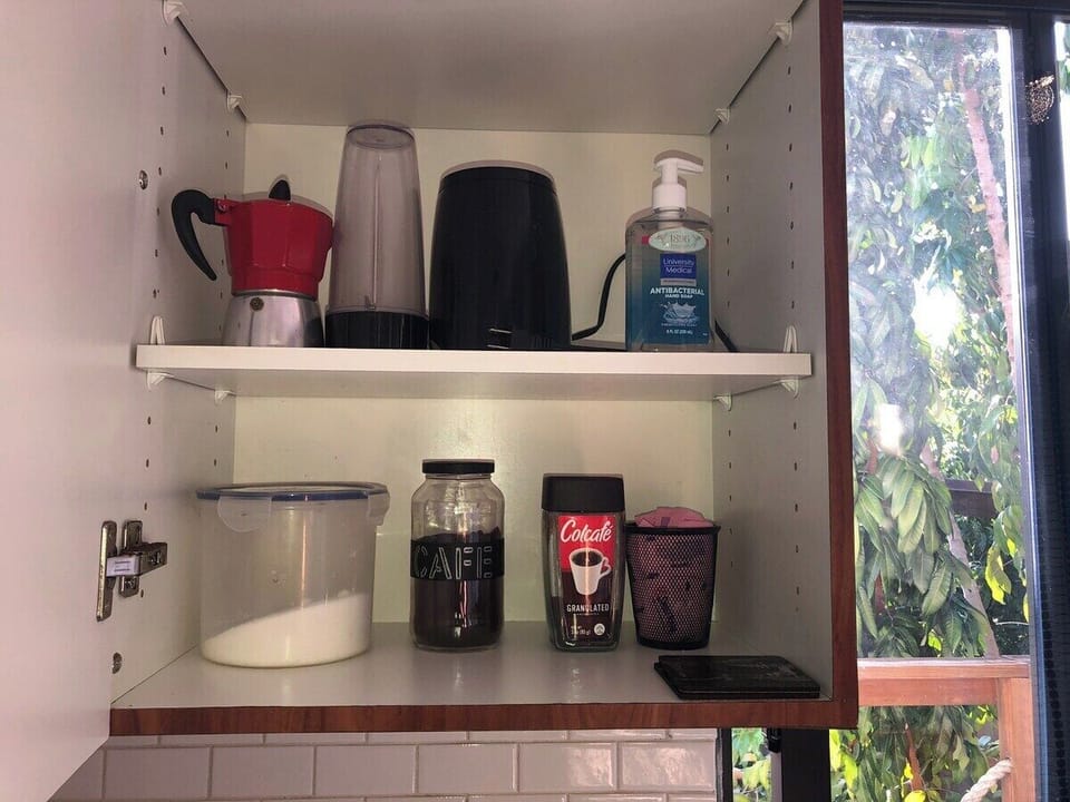 Coffee making supplies and some cooking essentials.