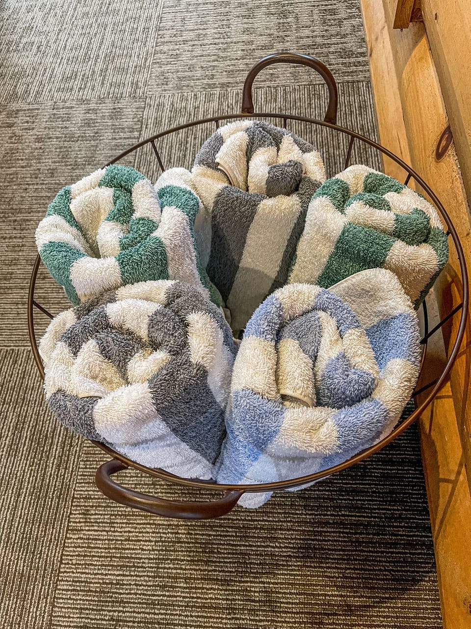 Hot tub towels inside the front door.