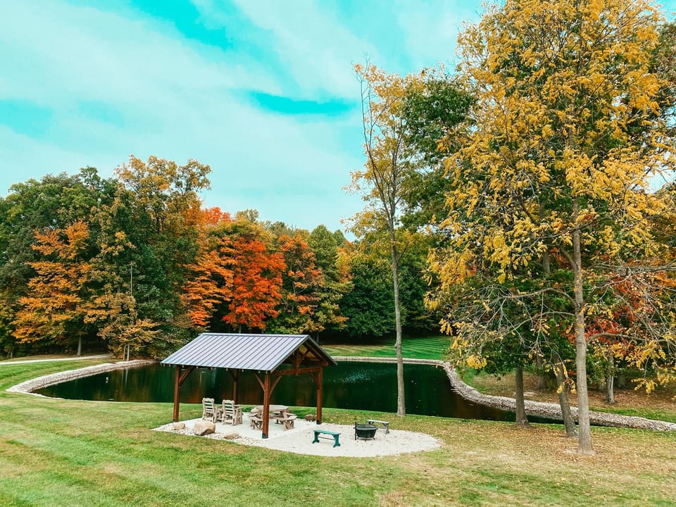 Pond and Pavilion at Tranquil Acres. This is a common area shared with all the cabin guests. Catch and release fishing allowed.