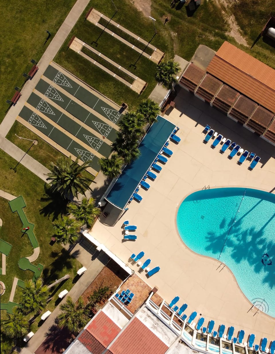 Shuffleboard, mini golf, and the pool from above