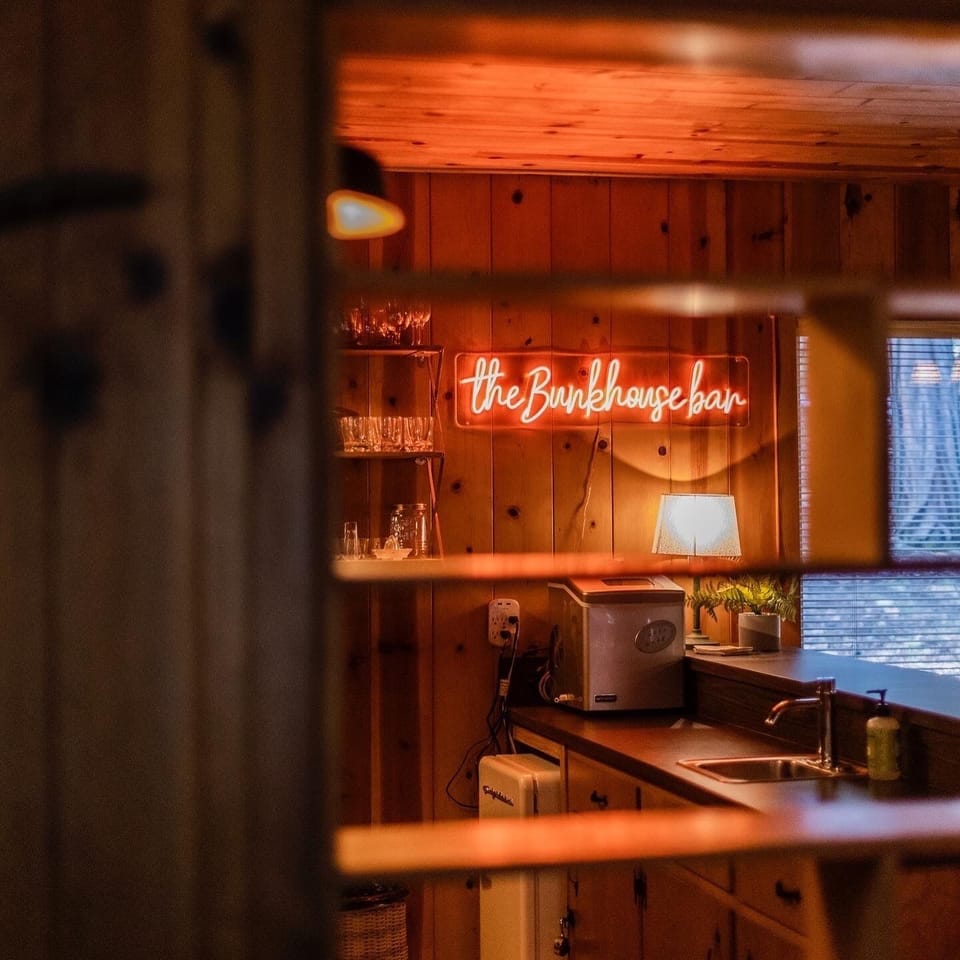 the Bunkhouse bar, complete with fridge, ice maker, sink and barware