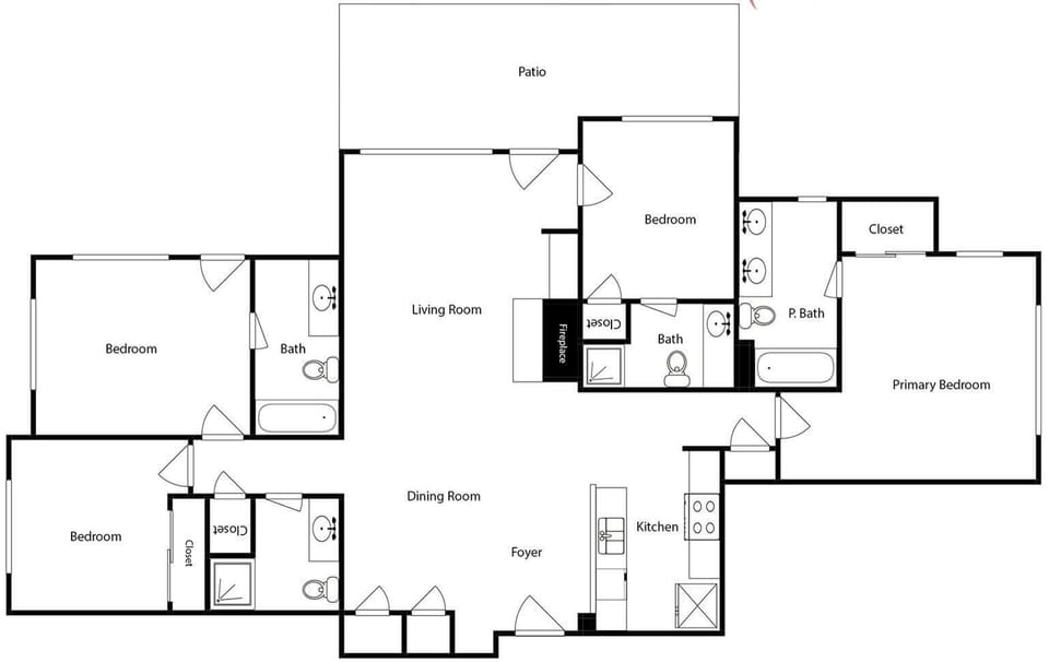 Review the spacious floor plan featuring four bedrooms, multiple bathrooms, and an open kitchen-dining layout perfect for your group getaway.