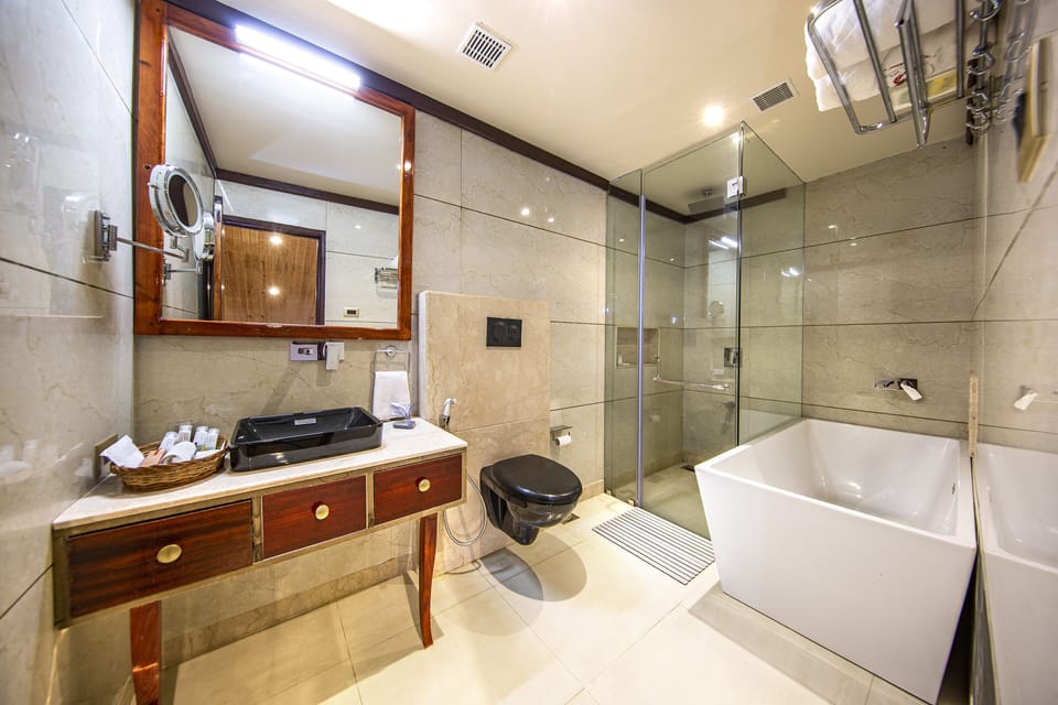 Shower, slippers, towels, soap