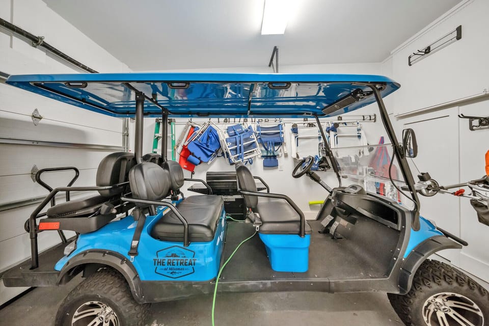 A 6-seater golf cart is included with every booking. Also available are beach chairs & equipment and stroller. All stored in the garage on site.