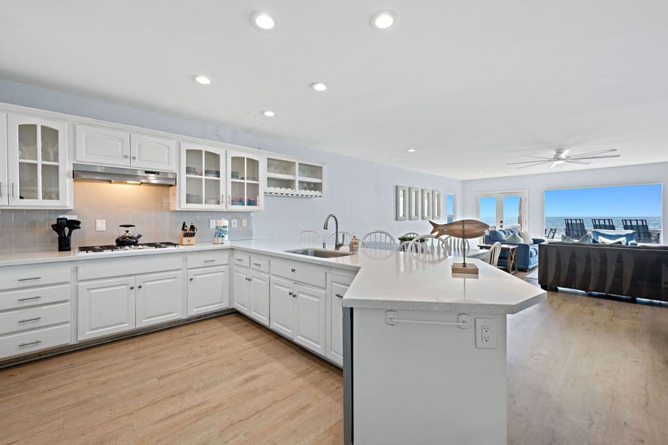 Enjoy ocean views even while preparing meals in this spacious, open-concept kitchen.