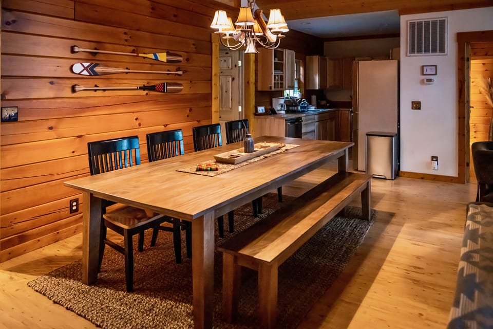 Oversized dining table with seating for up to 8. Fit for a feast!