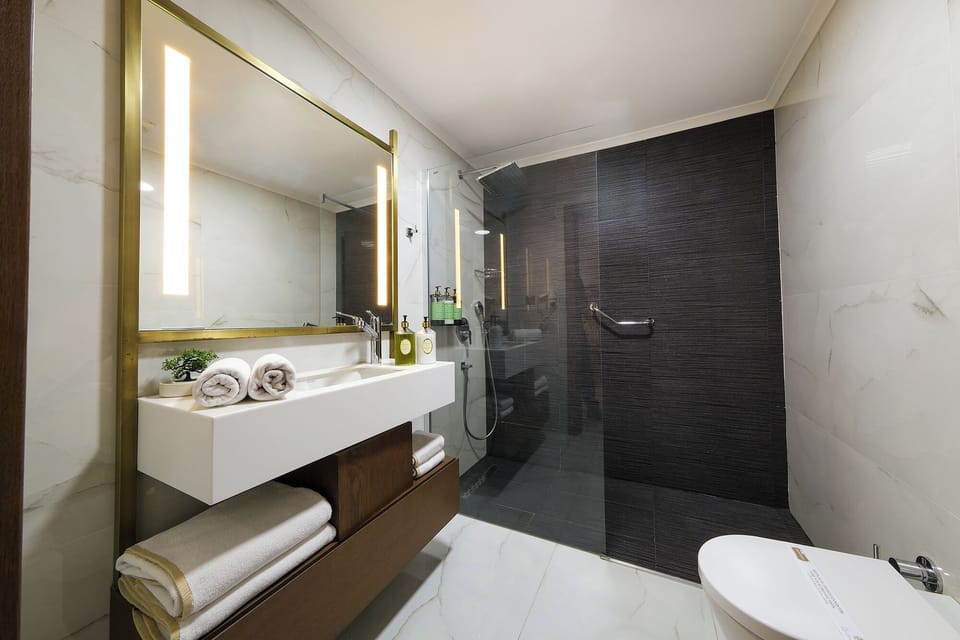 Deluxe Double Room | Bathroom | Shower, rainfall showerhead, hair dryer, towels