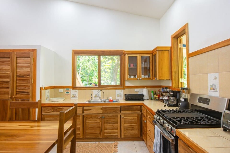 Fully equipped kitchen with wooden cabinetry, dining area, and large windows offering natural light, Blue Maverick in Puerto Viejo