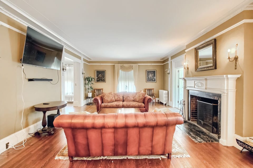 The cozy living room with a sound bar, a smart TV, and more!