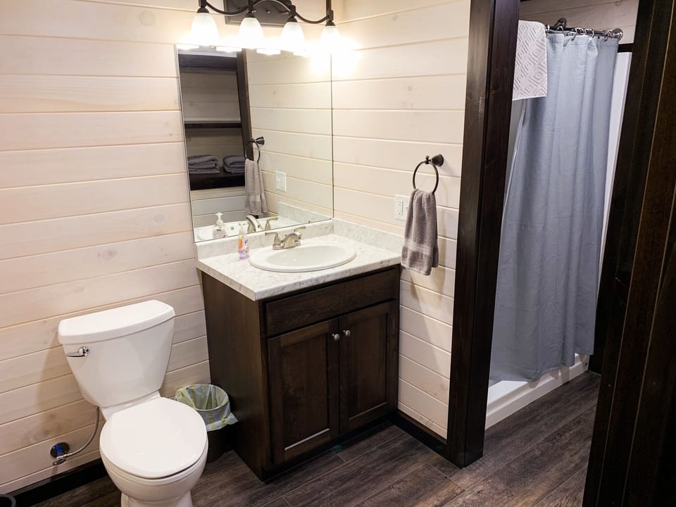 Full bath, toilet, vanity, 4ft shower with seat.
