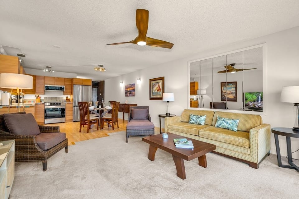 Spacious living room, tastefully decorated.