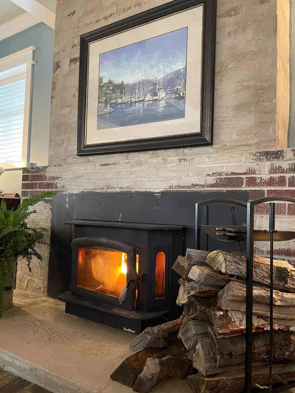 Cozy wood burning stove.