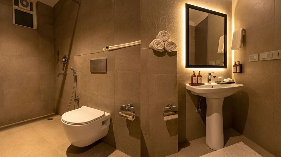 Shower, rainfall showerhead, bidet, towels