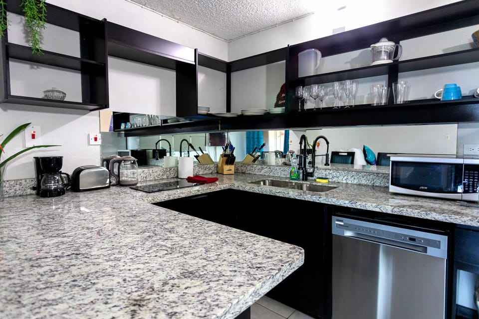 Kitchen area, fully equipped with dishwasher, fridge, cooktop, microwave