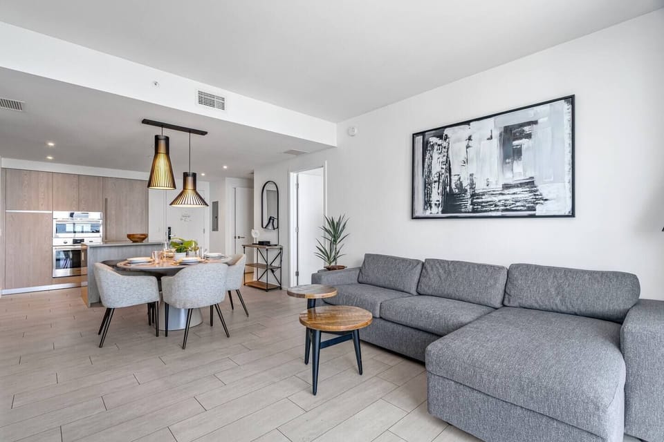 The sofa in the living room is great for watching television together and pulls out for an additional bed with a full size mattress.