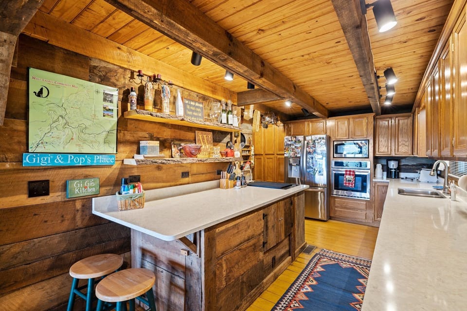 Large counter top/work area in kitchen.