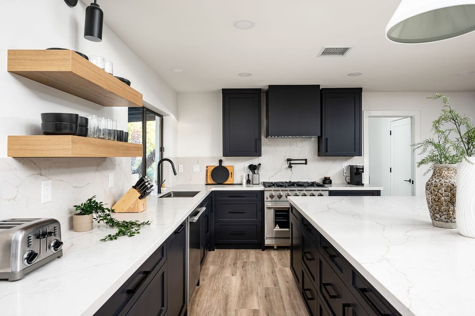 Gas stove and stainless steel appliances.