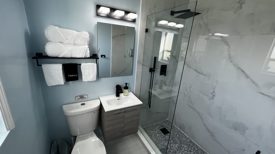 Modern spacious shower with rain shower overhead and Handheld Sprayer