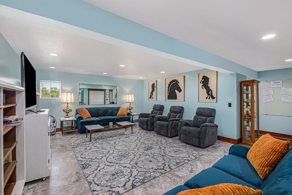SPACIOUS LIVING ROOM, WITH PLENTY OF BOOKS AND MOVIES
