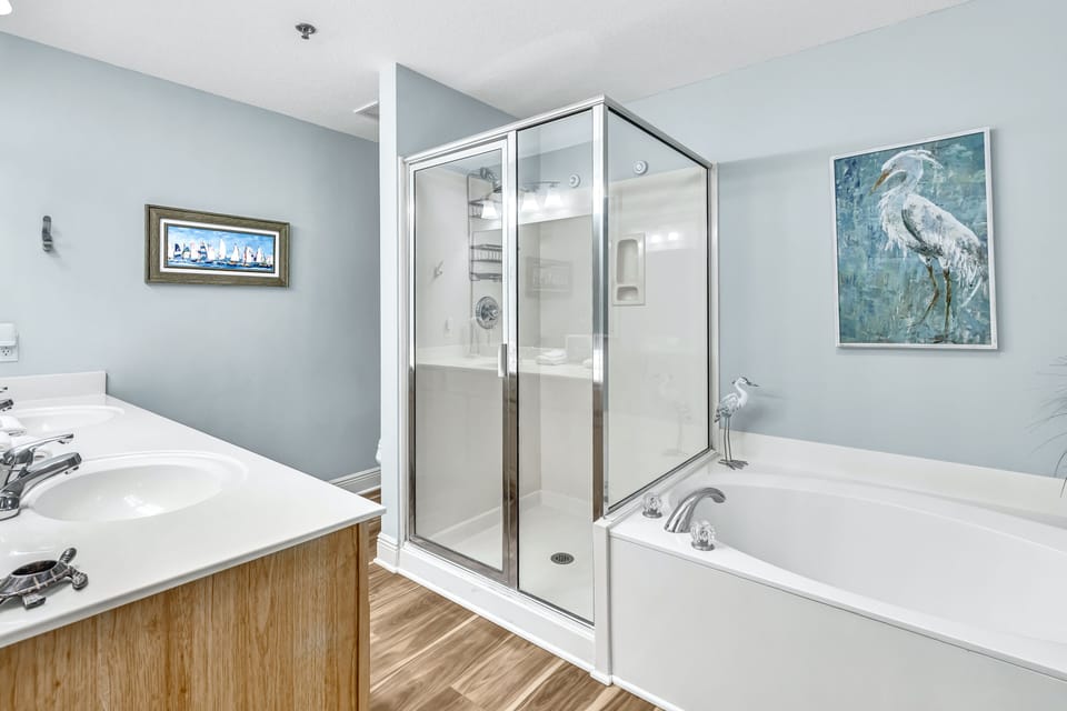 Lavish master bathroom with large garden tub and walk in shower