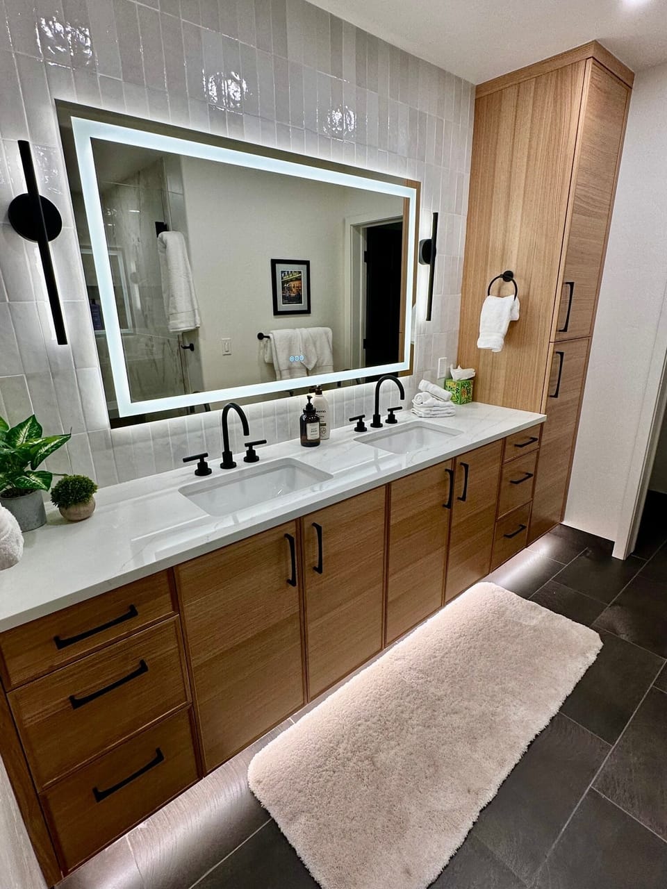 Primary Bath #1 with heated floors, separate toilet stall, walk-in shower.