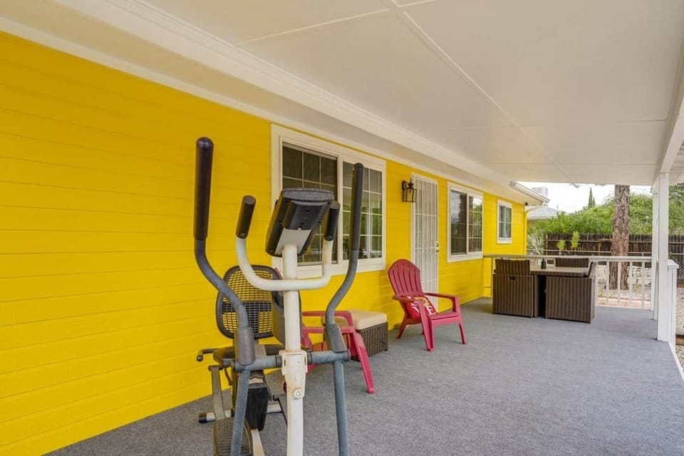 Private covered patio with seating and bonus fitness area—ideal for extended stays and active guests near Sedona