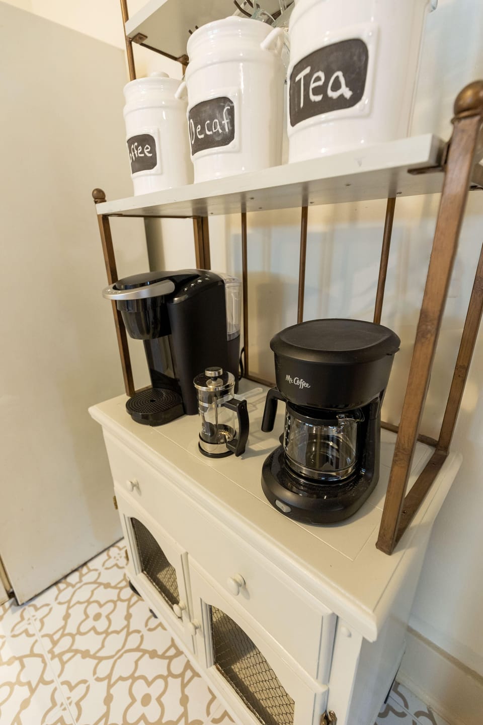 Standard Coffee Maker + Keurig + French Press + Hot Water Kettle.