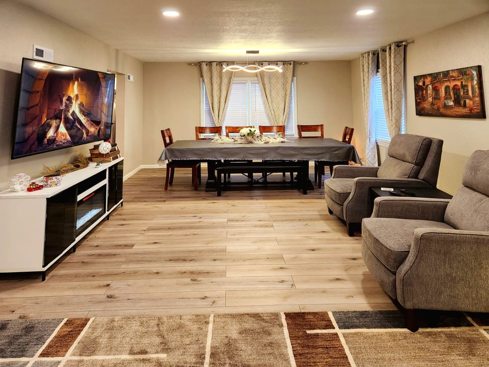 living room open to dining area.