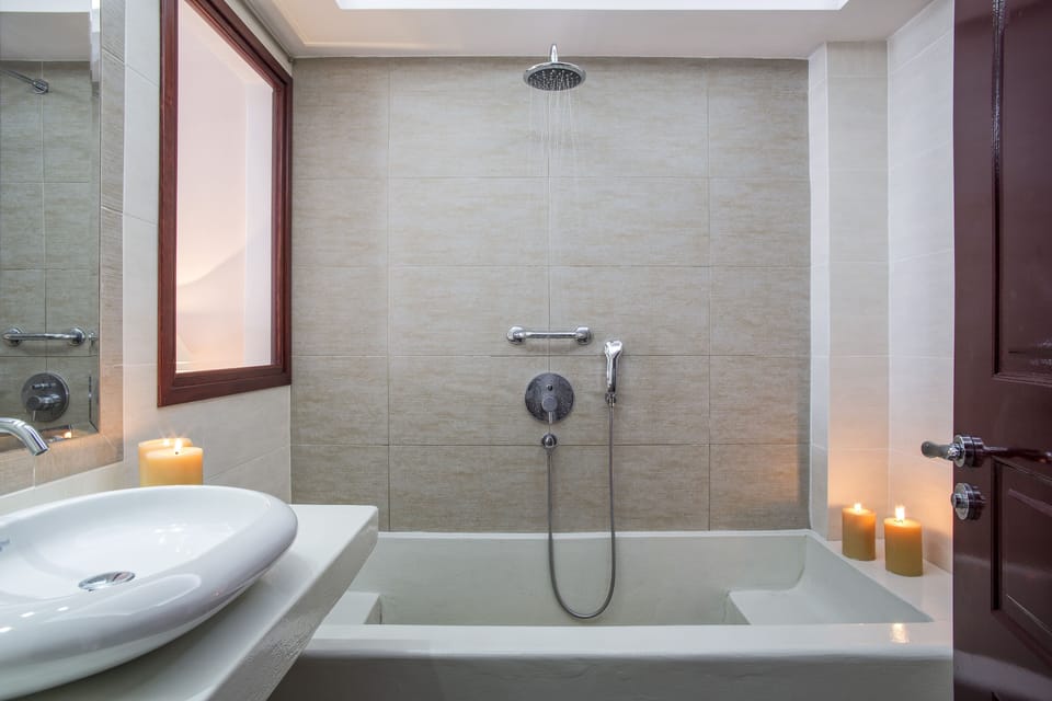 Combined shower/tub, hair dryer, towels