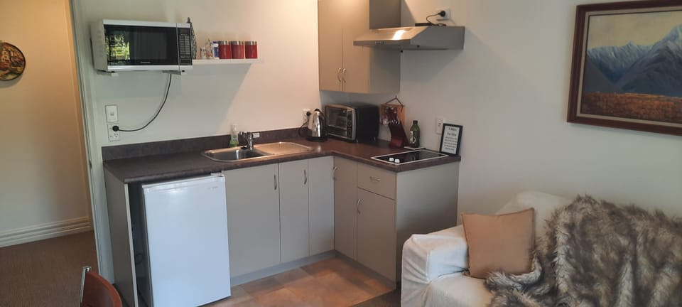 2 ring hot plate, small bench top oven, microwave and fridge