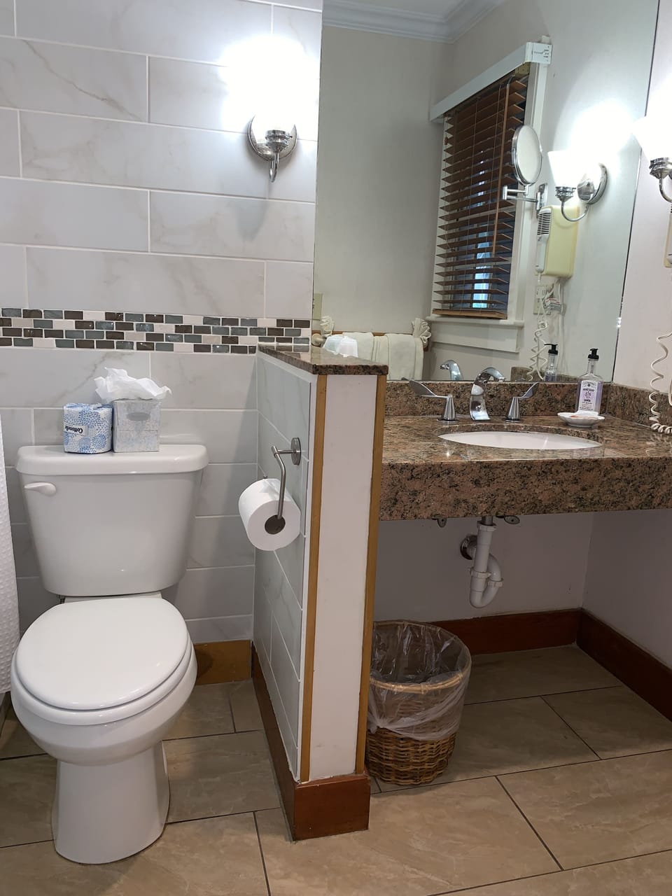 Shower, rainfall showerhead, designer toiletries, hair dryer