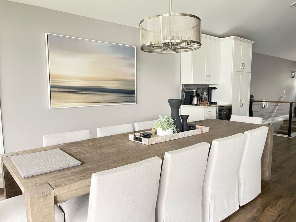 Large dining room table with lake views