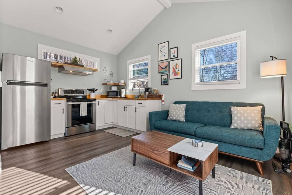 Light filled living room and gourmet kitchen